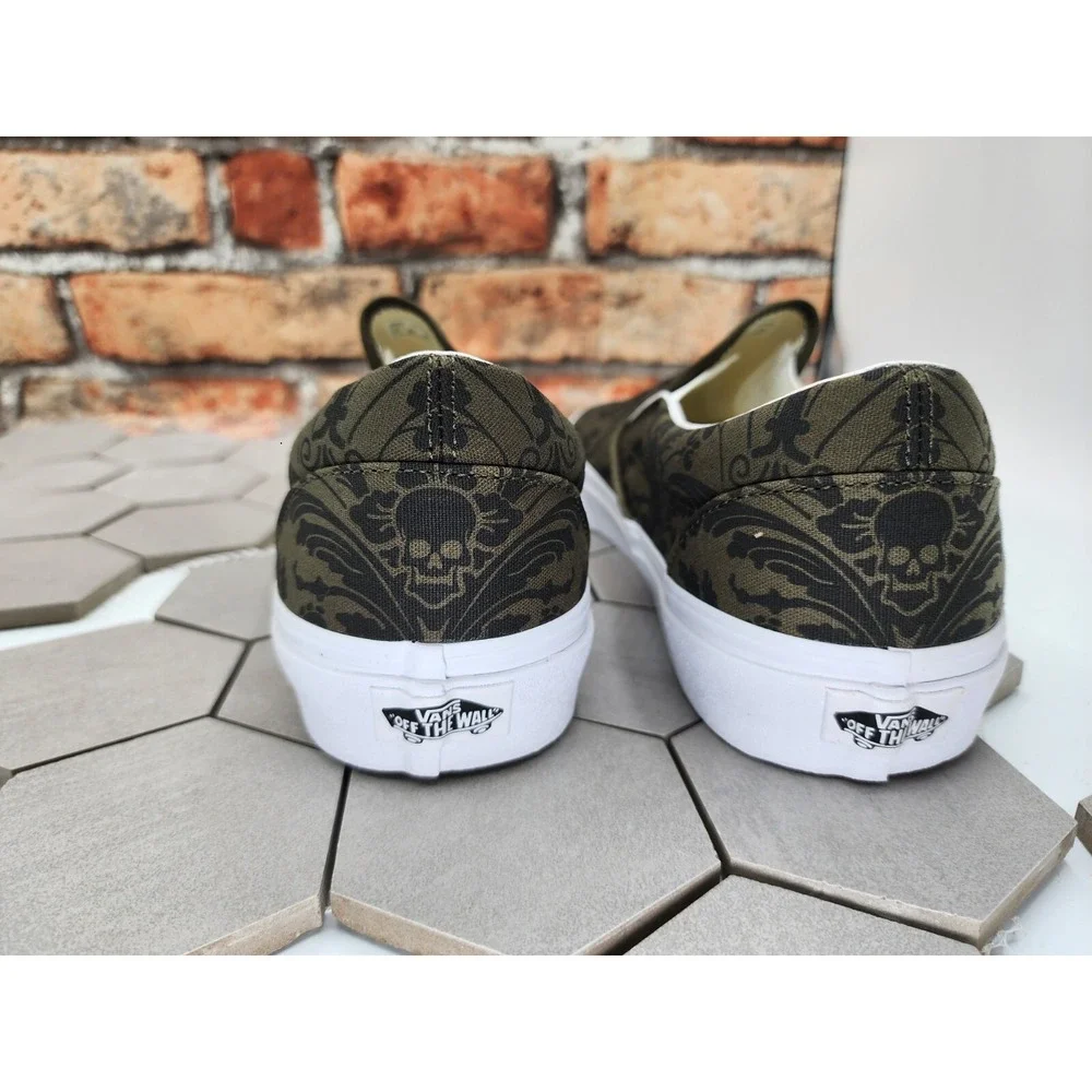 Vans Men's Classic Slip On Skull Tapestry Grape Leaf Olive Canvas Shoes Size 8.5